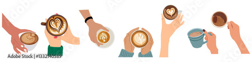 Cartoon hand holding cups, mugs with different types of coffee - espresso, americano, cappuccino, latte with foam in heart shape. Vector illustrations set isolated 