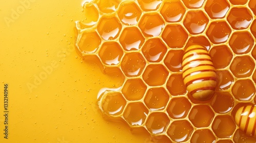 Golden honeycomb with drizzled honey and honey dippers photo