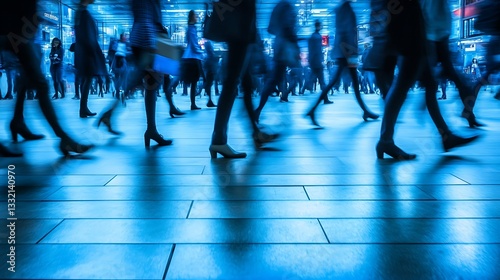 People walking swiftly through a modern city location