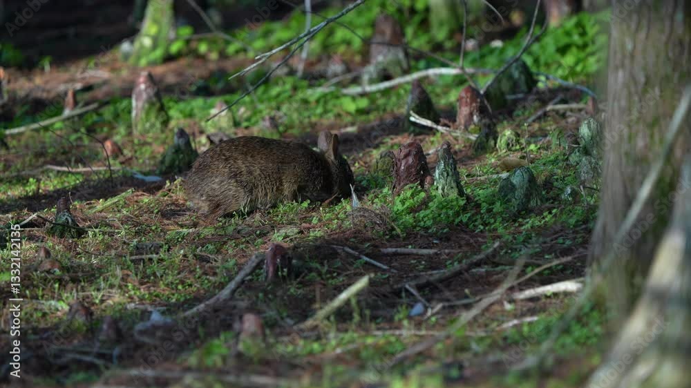 Rabbit eating from ground in a forest, surrounded by green plants and twigs Rabbit eating from ground in a forest, surrounded by green plants and twigs