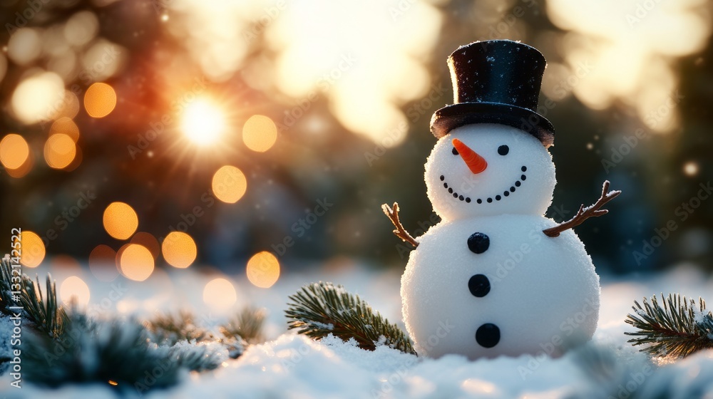 Obraz premium Cheerful Snowman in a Winter Wonderland with Sparkling Bokeh Lights and Snowy Background