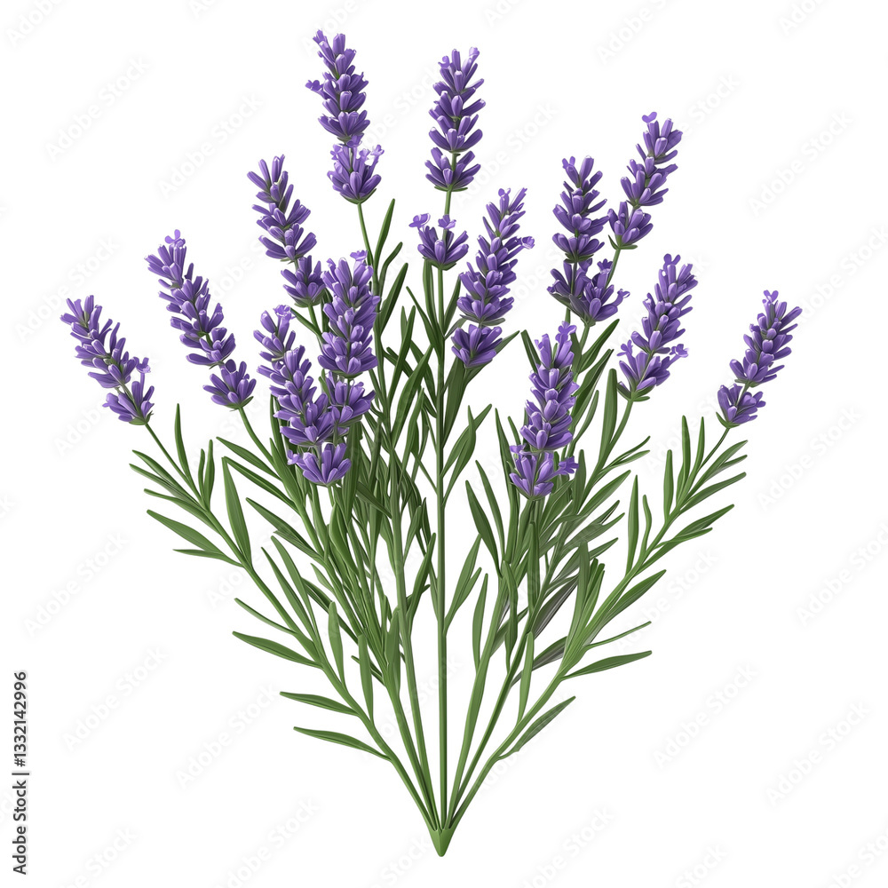 Fototapeta premium Detailed lavender illustration, purple blooms, green leaves