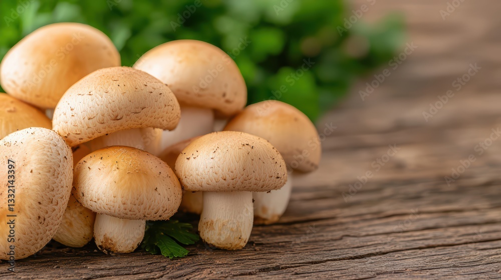 Fresh mushrooms on rustic wooden surface with greenery Fresh mushrooms on rustic wooden surface with greenery