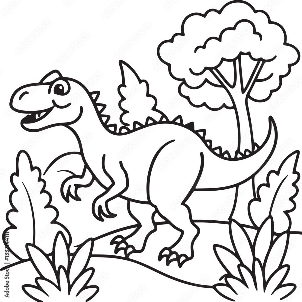 Naklejka premium A coloring page featuring a dinosaur sprinting in a lush jungle, suitable for kids