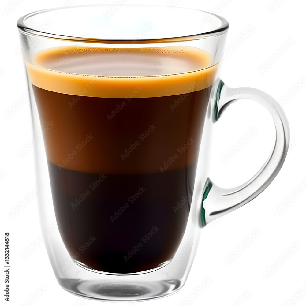 A clear glass cup filled with a layered coffee drink featuring rich dark espresso and a creamy top. A clear glass cup filled with a layered coffee drink featuring rich dark espresso and a creamy top.
