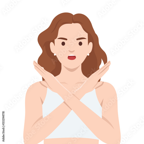 Woman Expressing Disapproval is making an "X" gesture with her arms, expressing refusal. Flat vector illustration isolated on white background