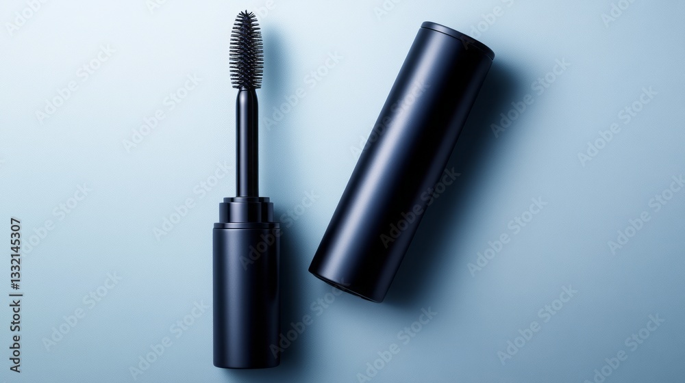 Fototapeta premium Black Mascara Tube with Brush Isolated on Soft Blue Background for Beauty and Makeup Concepts