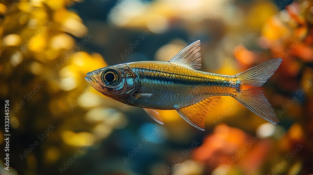 Fototapeta premium Close-up of a colorful fish with iridescent scales, swimming gracefully in a brightly lit freshwater aquarium against a blurred background.