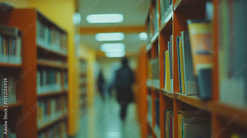 Row of Bookshelves in a Library with Warm Orange Glow and Soft Bokeh Lighting Row of Bookshelves in a Library with Warm Orange Glow and Soft Bokeh Lighting
