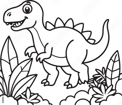 A coloring page featuring a dinosaur sprinting in a lush jungle, suitable for kids