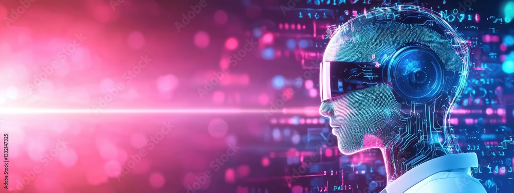 Obraz premium Futuristic Human with Virtual Reality Headset and Neon Background