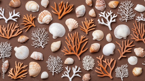 Assorted seashells and coral on sandy background photo