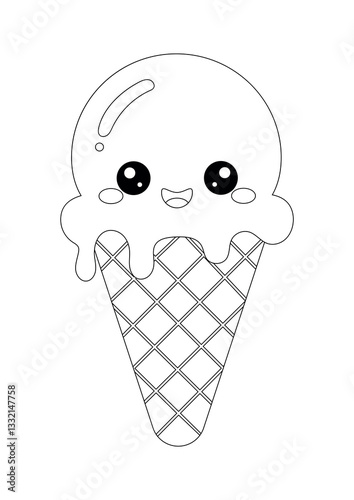 Cute kawaii ice cream coloring page for kids. Adorable vector outline of a smiling ice cream cone, perfect for fun and creative activities. Black and white, hand-drawn and easy to color.