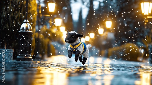 Fototapeta Naklejka Na Ścianę i Meble -  A small lamb leaps through a rainy city street at night, illuminated by warm streetlights.
