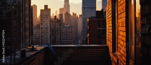 A serene urban sunset scatters golden hues across city buildings, casting a reflective glow reminiscent of stories untold within the skyline.