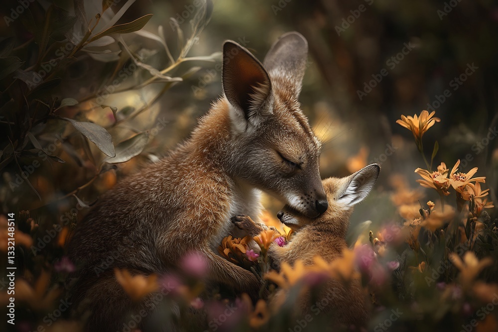 Fototapeta premium Mother Agile Wallaby nuzzling her joey protected wildlife reserve tender interaction framed native wildflowers depth of field isolates them the background making their bond the emotional focal point