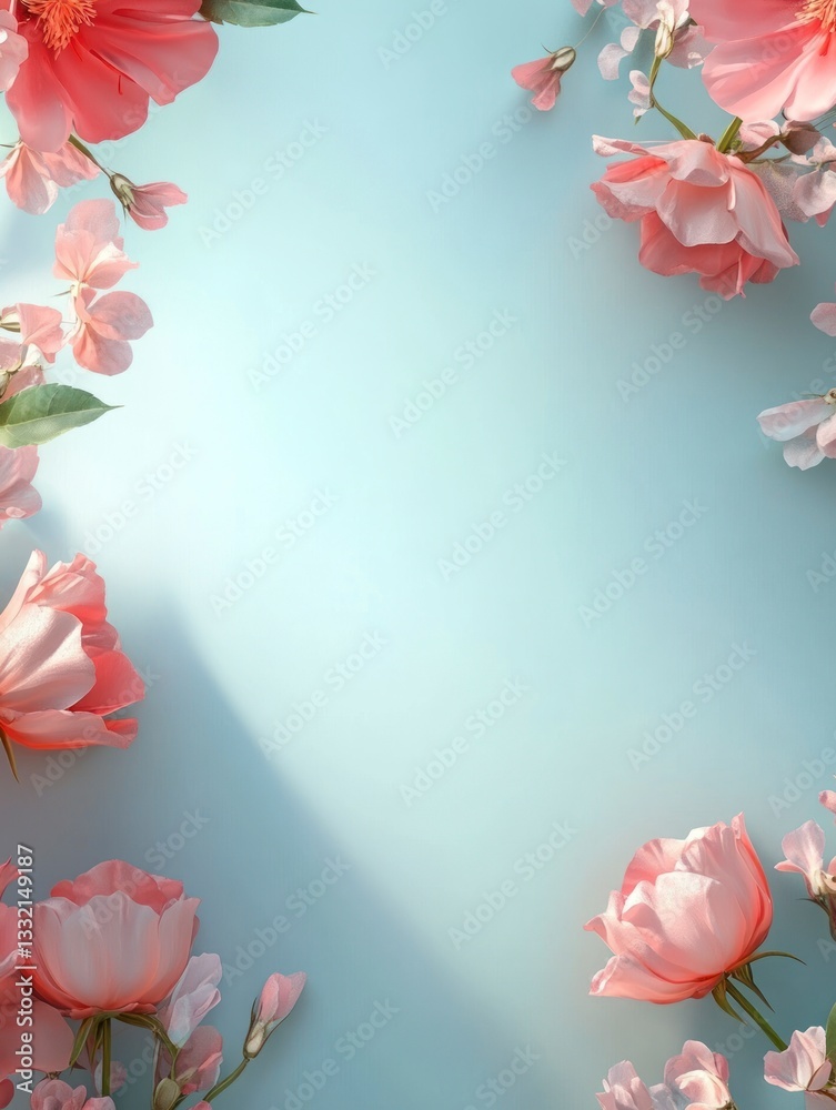 Floral Frame with Pink Roses and Light Blue Background for Invitations Floral Frame with Pink Roses and Light Blue Background for Invitations