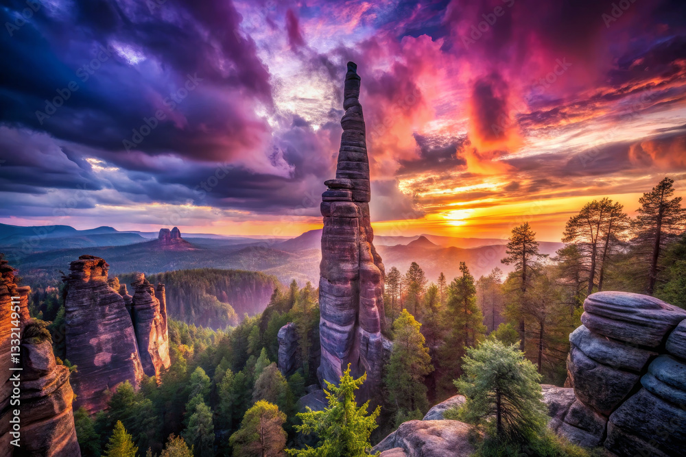 Breathtaking sunset over towering rock formations surrounded by lush forests, showcasing vibrant colors in sky. serene landscape perfect for nature lovers Breathtaking sunset over towering rock formations surrounded by lush forests, showcasing vibrant colors in sky. serene landscape perfect for nature lovers