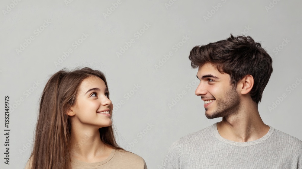 Smiling young couple looking at each other with fondness and joy Smiling young couple looking at each other with fondness and joy