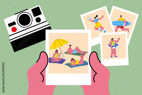 Summer vacation memories. Hands holding polaroid photos with beach scenes, friends relaxing, playing volleyball, surfing, swimming. Travel photography concept. Flat vector illustration