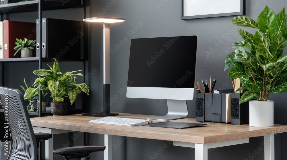 Cozy Workspace Featuring Computer Desk Plant Lamp for Creative Productivity Cozy Workspace Featuring Computer Desk Plant Lamp for Creative Productivity