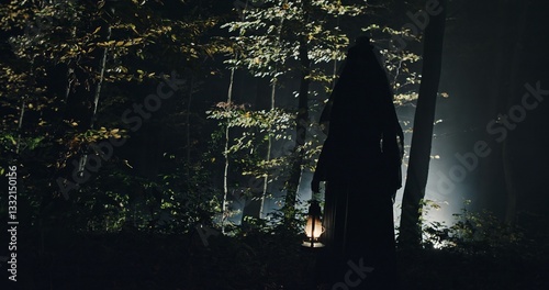 A Mysterious and Eerie Figure Wandering Through a Dark Forest Holding a Lantern Light
