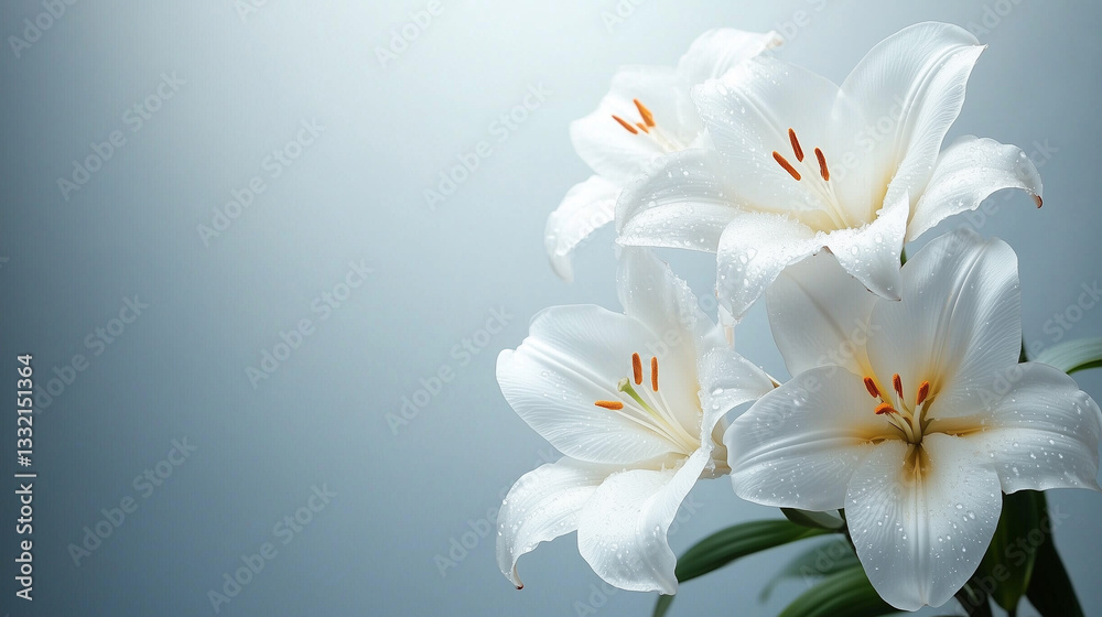Obraz premium Snow-white lilies, symbolizing purity, renewal, and the arrival of spring. Perfect for Easter-themed designs, floral arrangements, and serene nature-inspired compositions. copy space