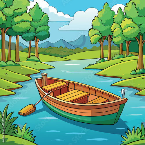 Vintage-retro-wooden-fishing-boat-on-green-river