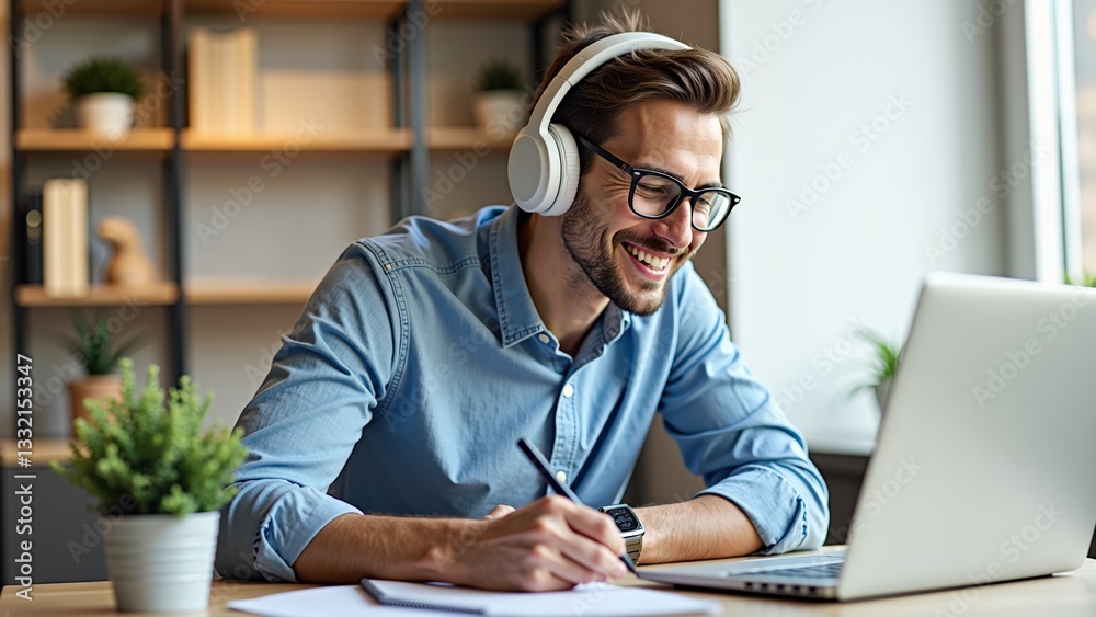 A young man wearing headphones and glasses is sitting at a desk, smiling as he works on a laptop computer. He has a pen in his hand and is writing something down. A young man wearing headphones and glasses is sitting at a desk, smiling as he works on a laptop computer. He has a pen in his hand and is writing something down.