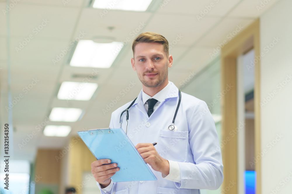 Fototapeta premium Portrait young caucasian doctor in uniform with stethoscope holding clipboard,looking at camera while working in the hospital