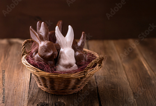 Tiernos conejos de chocolate dentro de una canasta de mimbre. Celebración de Pascuas. Generated image