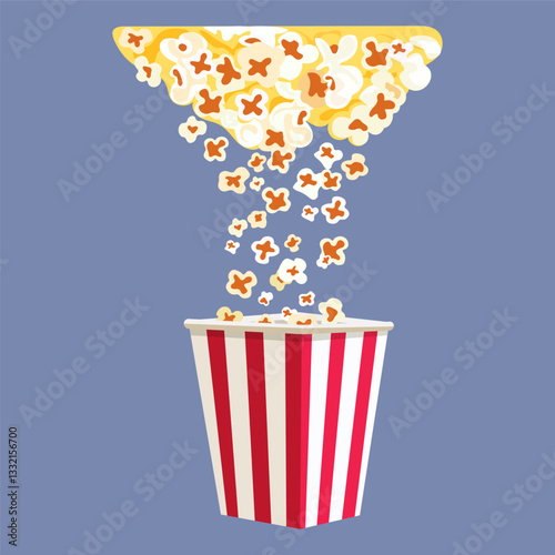Cloud with popcorn from which popcorn flakes spill out into a box. Vector illustration of popcorn as a staple snack for watching movies, concept for cinema. Isolated on blue background
