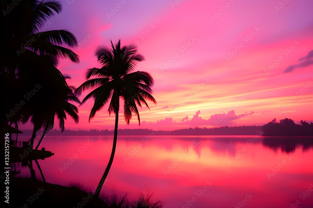 Obraz premium Vibrant pink and purple sunset over a calm lake, with silhouetted palm trees in the foreground. The sky reflects on the water, creating a serene, tranquil atmosphere