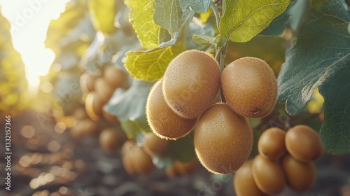 Ripe golden kiwi fruit hanging on a vine, bathed in sunlight