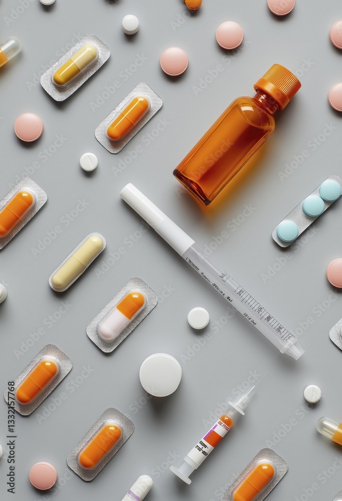 Assorted medication and medical supplies on gray background Assorted medication and medical supplies on gray background