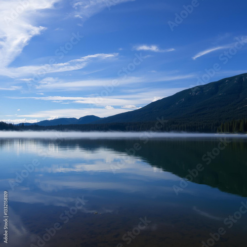 Serene Lake Scene: Blue Skies, Mountain Reflection, and Misty Morning Tranquility