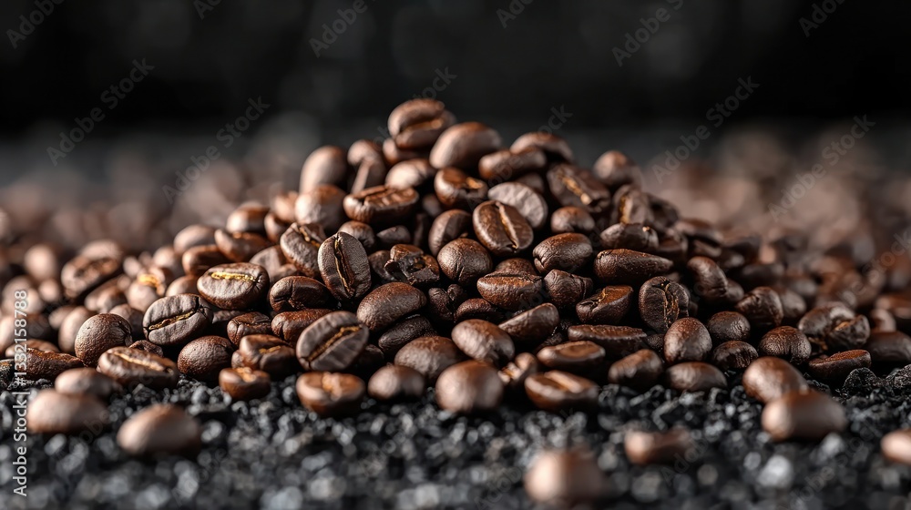 Fototapeta premium Roasted coffee beans piled on dark surface
