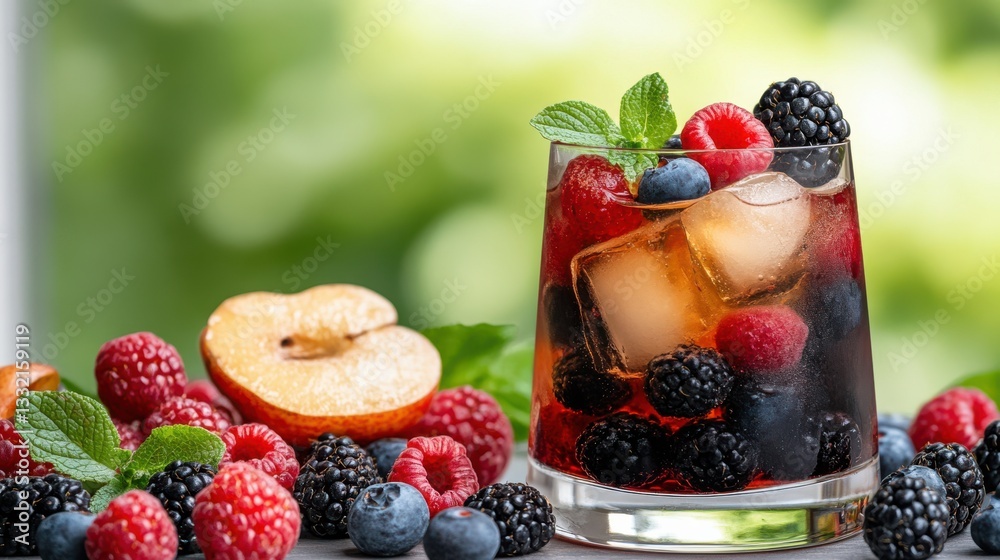 Refreshing Glass of Fruit and Ice with Vibrant Slice for Summer Sips Refreshing Glass of Fruit and Ice with Vibrant Slice for Summer Sips