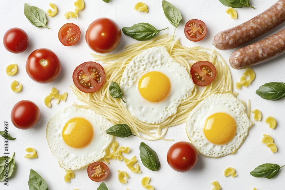 Spaghetti nest with eggs, tomatoes, and sausages: fresh culinary arrangement on white background Spaghetti nest with eggs, tomatoes, and sausages: fresh culinary arrangement on white background