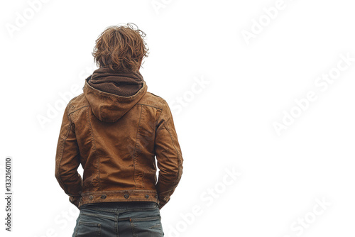 A person standing with their back to the camera, wearing a brown jacket and jeans, set against a white isolated background.
