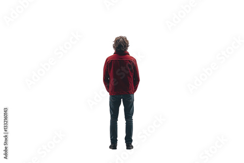 A person standing with their back turned, wearing a red jacket, isolated on a white background.