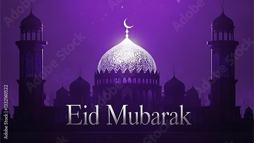 A Majestic Mosque Silhouetted Against A Rich Purple Twilight Sky, Celebrating Eid Mubarak With A Radiant, Ornate Dome And Elegant Minarets
