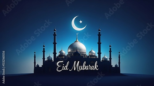 A Majestic Mosque Silhouetted Against A Twilight Sky, A Crescent Moon Shining Above, Celebrating Eid Mubarak With A Serene And Peaceful Nighttime Atmosphere