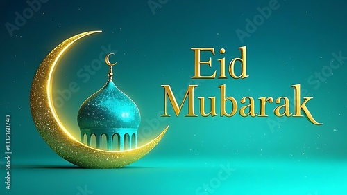A Radiant Golden Crescent Moon Embracing A Turquoise Mosque Dome, A Luminous Eid Mubarak Greeting Against A Teal Backdrop