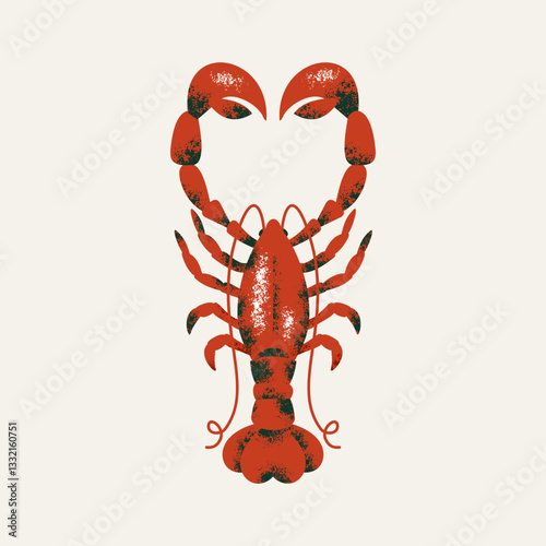 Lobster illustration with heart shaped claws. Cute retro styled illustration. Vector illustration