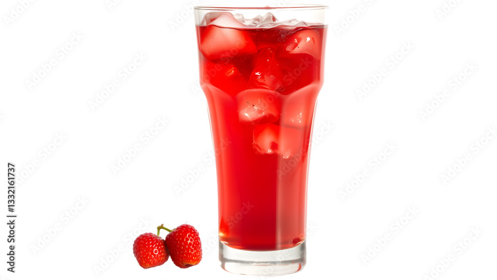 A tall glass filled with vibrant red liquid and ice cubes, accompanied by a couple of fresh strawberries.