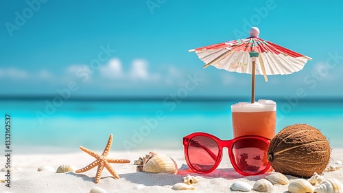 Beach Vacation Essentials with Coconut Drink and Sunglasses, Summer vacation, summer vives, coconut, pineapple, sunglasses, and star fish.
