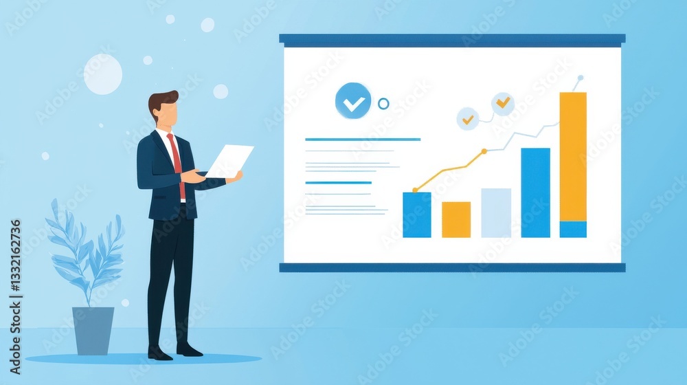 Businessman Presenting Graphs with Growth Metrics in Modern Office Businessman Presenting Graphs with Growth Metrics in Modern Office
