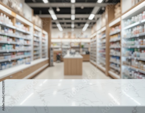 minimalist empty white table in a blurred cosmetic or pharmacy store setting, ideal for product showcases, modern retail branding, or clinical ambiance visuals