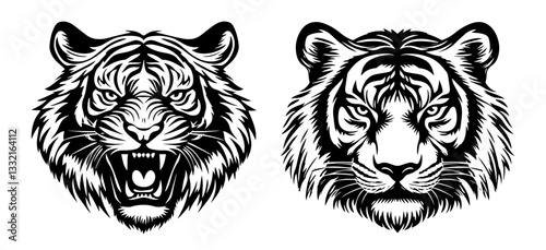 tiger head aggressive and calm vector black shape silhouette